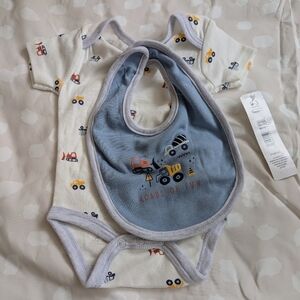 Construction Theme Baby Bodysuit and Bib Set - Blue and White